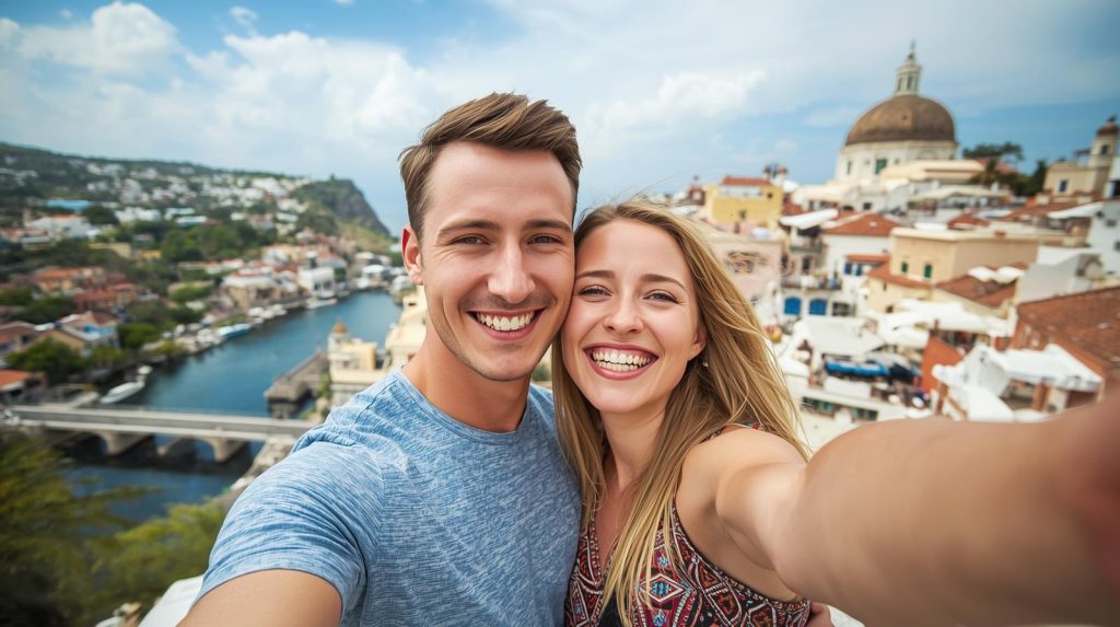 A happy, smiling man and a happy, smiling woman taking a selfie in a beautiful environment, while on vacation.