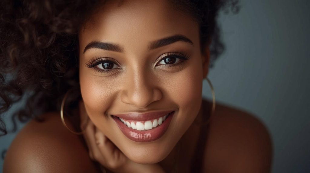 A headshot photograph, or a dating profile pictures of a gorgeous and beautiful, happy, smiling Black woman; who also happens to be fair or light skin complexion.