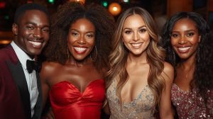 A handsome smiling man in a tuxedo, and three beautiful women dressed in formal evening wear.