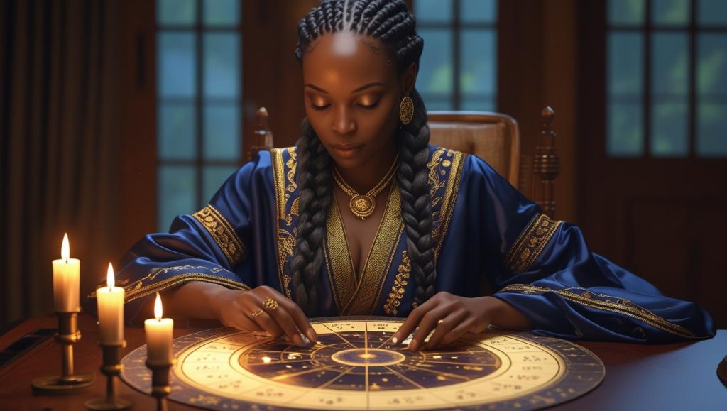 A Black woman astrologer studying a natal chart in astrology.