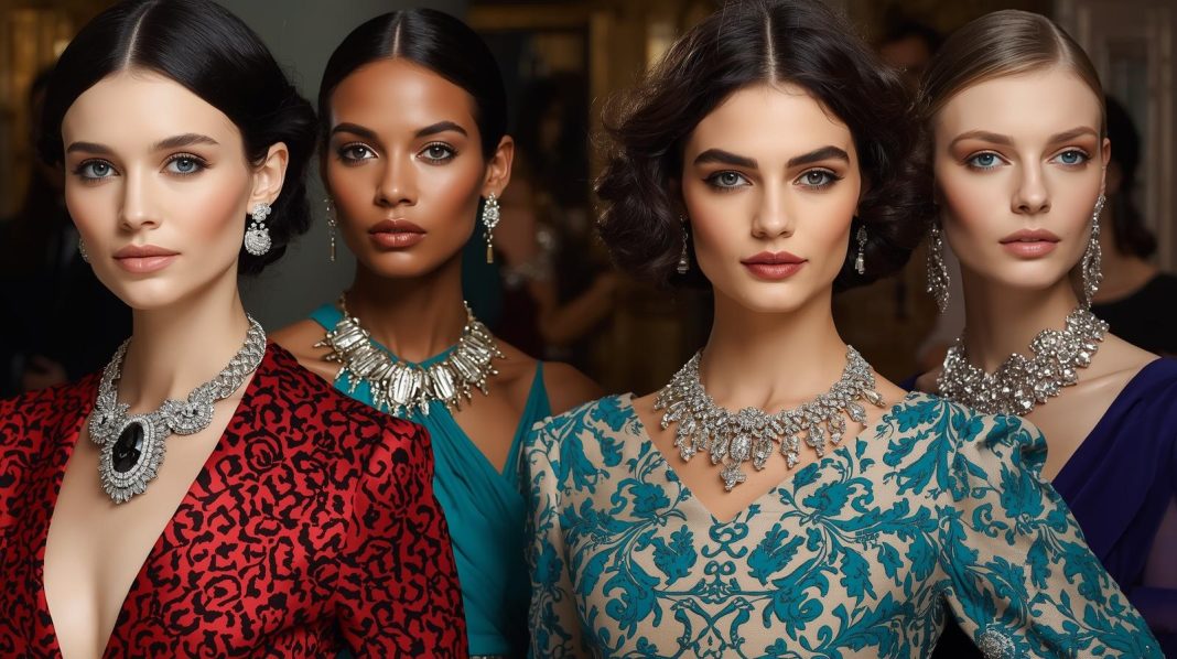 Four beautiful women wearing fashion dresses and statement pieces jewelry in the form of bold fashion earrings and bold fashion necklaces.