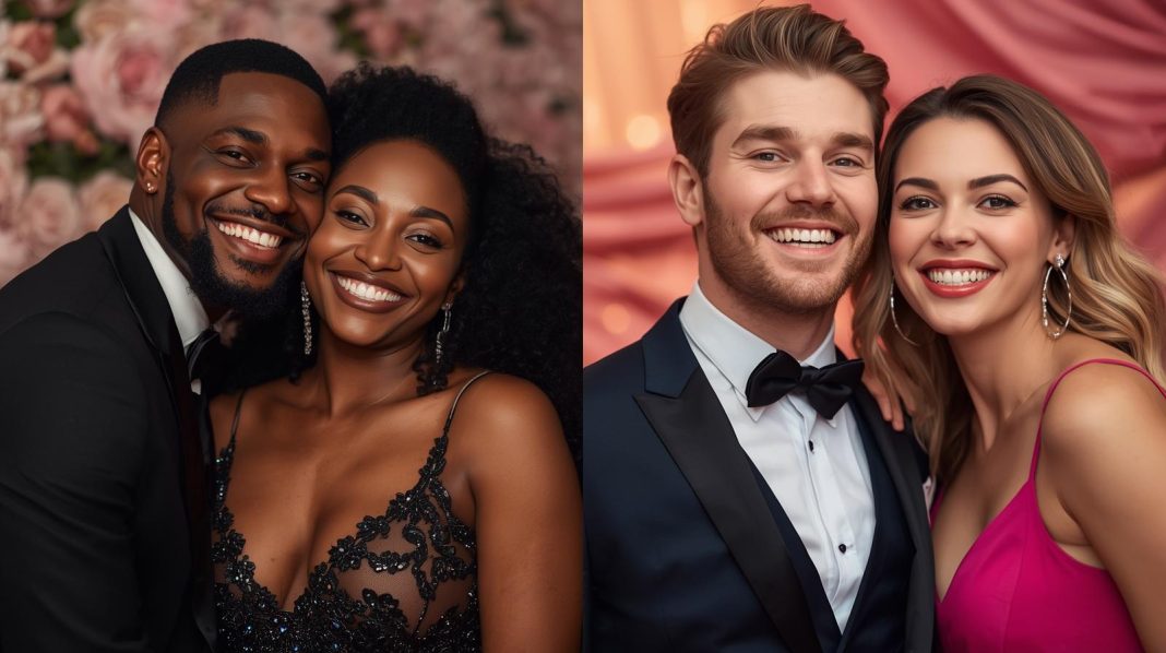 A split screen of two sets of couples, with a handsome Black man dressed in a tuxedo and a beautiful Black woman dressed in a black evening gown on the left side of the split screen; and a handsome White man in a tuxedo, with a beautiful White woman in a pink evening dress on the right side of the split screen. Both couples are smiling and each couple seems to be in love with their partner.