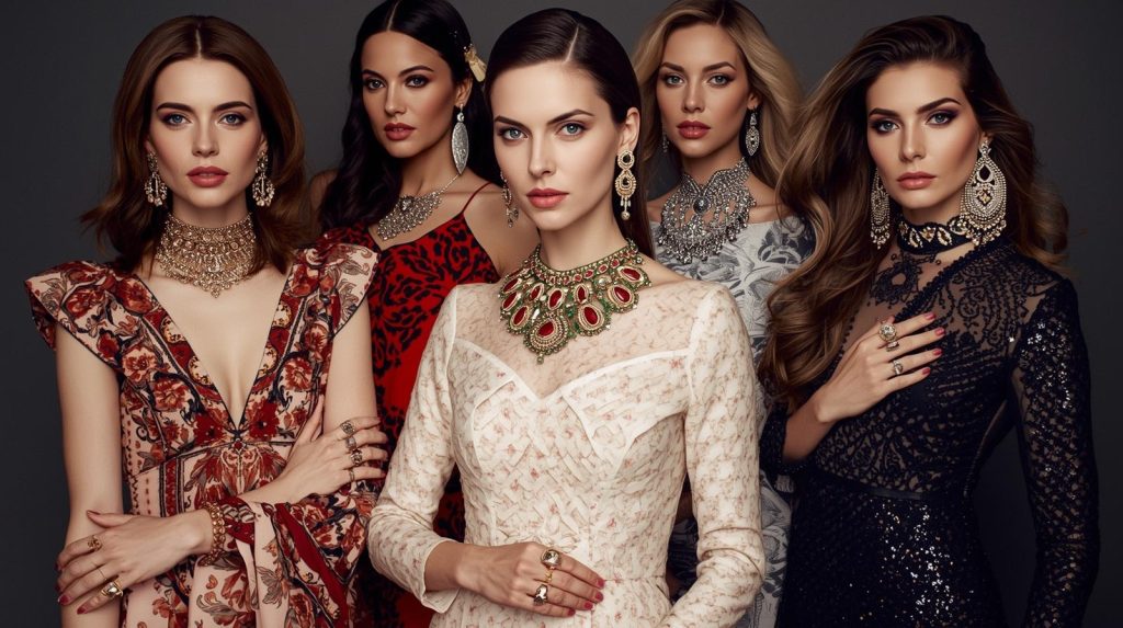 Five beautiful women wearing beautiful fashion dresses and gorgeous statement pieces jewelry in the form of bold fashion earrings and bold fashion necklaces.
